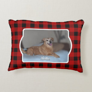 Custom 2 Pet Photo Country Red Buffalo Check Plaid Accent Pillow