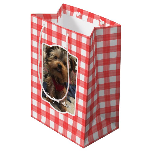 Custom 2 Pet Photo Country Red Buffalo Check Plaid Medium Gift Bag (Back Angled)