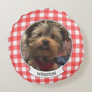 Custom 2 Pet Photo Country Red Buffalo Check Plaid Round Pillow