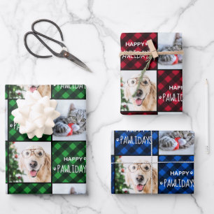 Custom 2 Pet Photo Happy Pawlidays Buffalo Plaid Wrapping Paper Sheet
