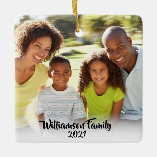 Custom 2 Photo 2 Sided Family Photo Black Script Ceramic Ornament (Front)