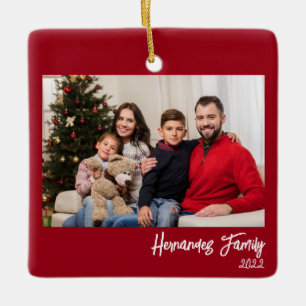Custom 2-Photo 2-sided Family Photo Simple Red Ceramic Ornament