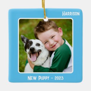 Custom 2-Photo 2 Sided Light Blue Milestone Event Ceramic Ornament