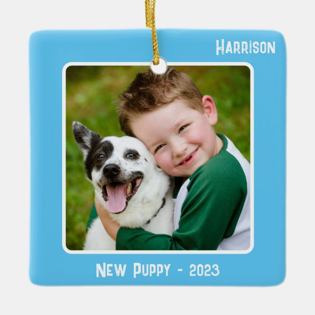 Custom 2-Photo 2 Sided Light Blue Milestone Event Ceramic Ornament (Front)