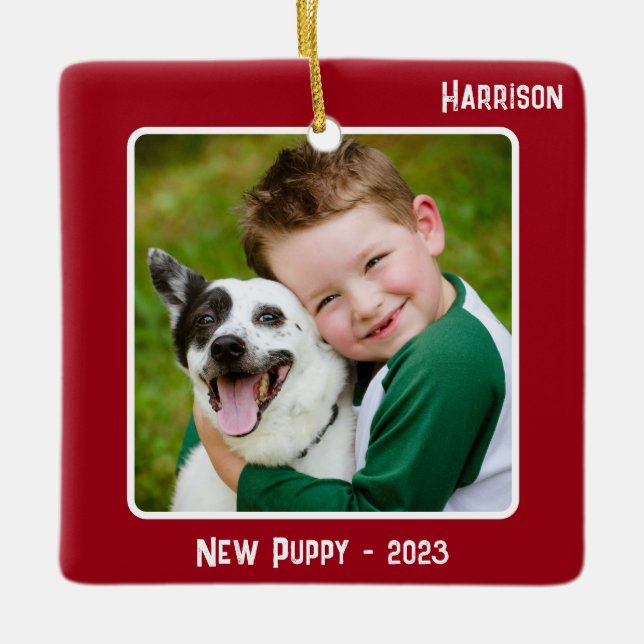 Custom 2-Photo 2 Sided Red Special Event Milestone Ceramic Ornament (Front)