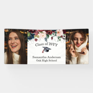 Custom 2 Photo Burgundy Floral Graduation Banner