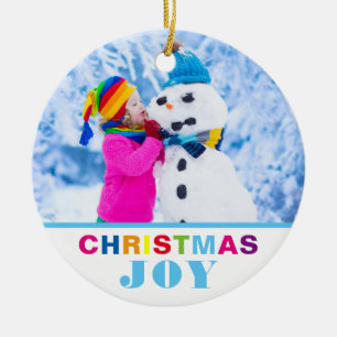 Custom 2 Photo Christmas Joy Modern Colourful Ceramic Ornament