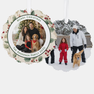 Custom 2 Photo Christmas Ornament Holly Berry Card