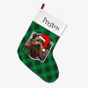 Custom 2 Photo Christmas Red and Green Plaid Pet Large Christmas Stocking