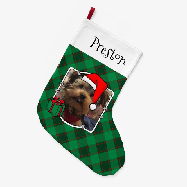 Custom 2 Photo Christmas Red and Green Plaid Pet Large Christmas Stocking (Front (Hanging))