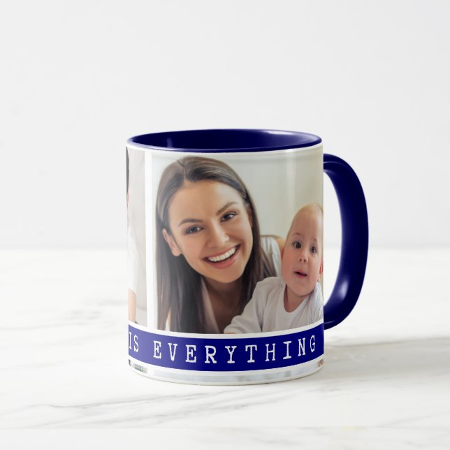 Custom 2 Photo Collage Family Picture Quote Blue Mug (Front Right)