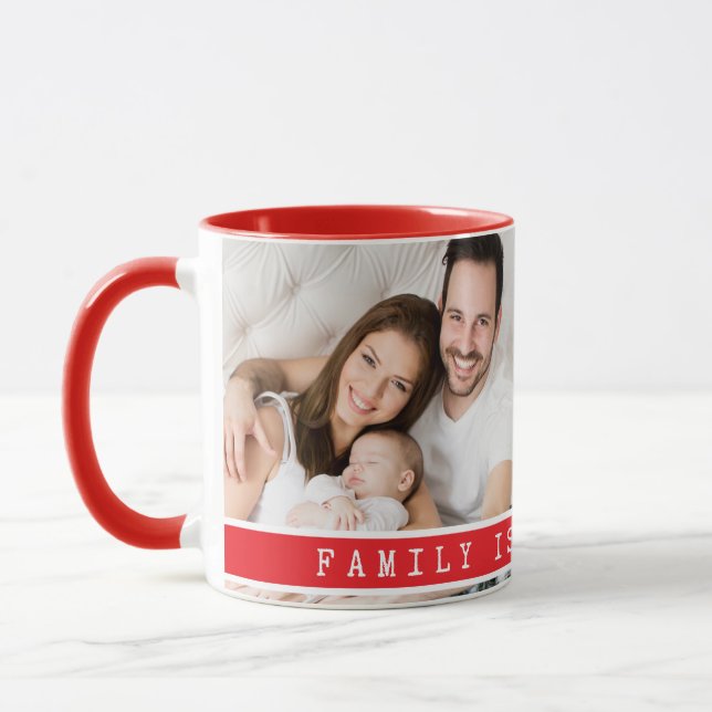 Custom 2 Photo Collage Family Picture Quote Red Mug (Left)