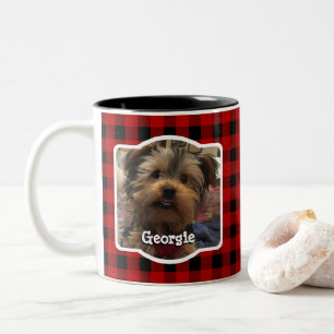 Custom 2 Photo Country Red Buffalo Check Plaid Pet Two-Tone Coffee Mug