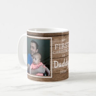 Custom 2 Photo Daddy's First Christmas Rustic Wood Coffee Mug