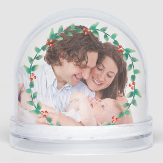 Custom 2 Photo Elegant Holly Wreath  Snowglobe