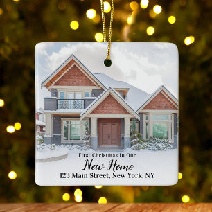Custom 2 Photo First Christmas New Home Address Ceramic Ornament