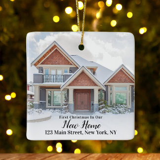 Custom 2 Photo First Christmas New Home Address Ceramic Ornament