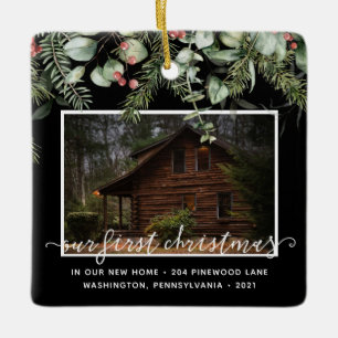 Custom 2 Photo First Xmas New Home Winter Greenery Ceramic Ornament
