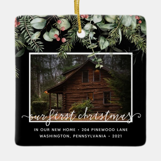 Custom 2 Photo First Xmas New Home Winter Greenery Ceramic Ornament (Front)