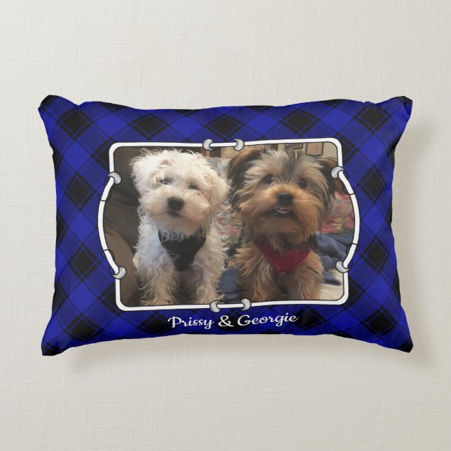 Custom 2 Photo Frame Blue & Black Plaid Accent Pillow (Front)