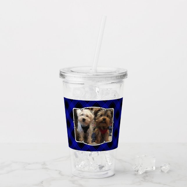 Custom 2 Photo Frames Classic Blue & Black Plaid Acrylic Tumbler (Back Ice)