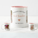 Custom 2 Photo Great Grandma Modern Keepsake Two-Tone Coffee Mug<br><div class="desc">This 2-photo collage pink modern mug features the heartfelt message, "World's greatest Great Grandma." and a beautiful heart. An ideal gift for your great grandmother, the 2-photo template can be personalized with two pictures of favourite great grandchildren, transforming it into a cherished keepsake to be treasured for years to come....</div>