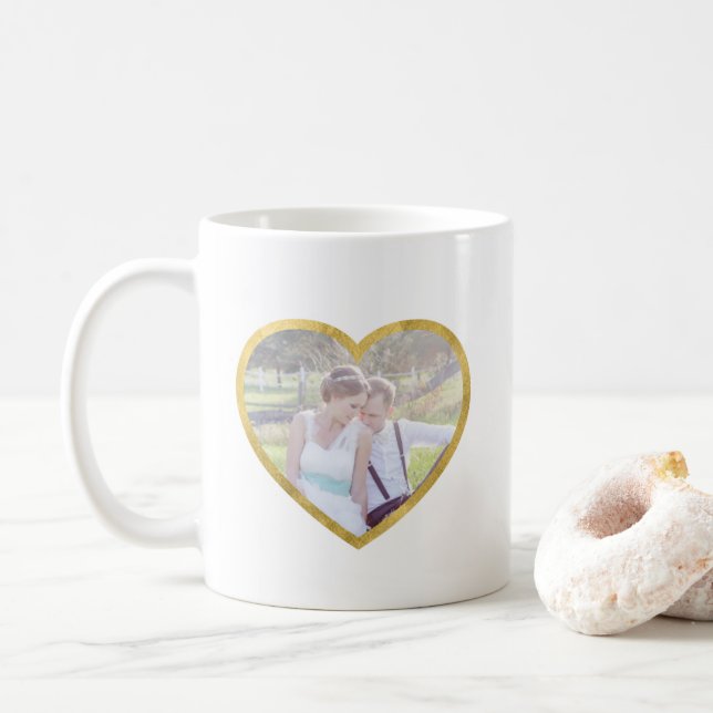 Custom 2 Photo Hearts Faux Gold Border Coffee Mug (With Donut)