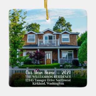 Custom 2 Photo New Home With Year, Name Ceramic Ornament