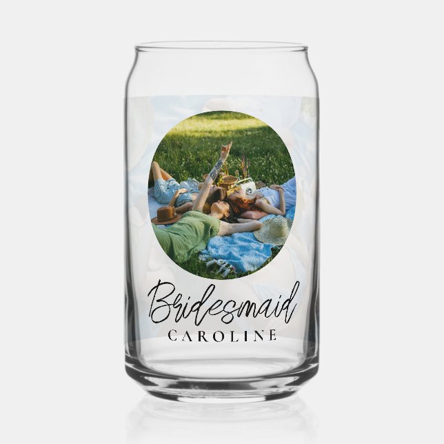 Custom 2 Photo Stylish Script Bridesmaid Gift Can Glass (Front)