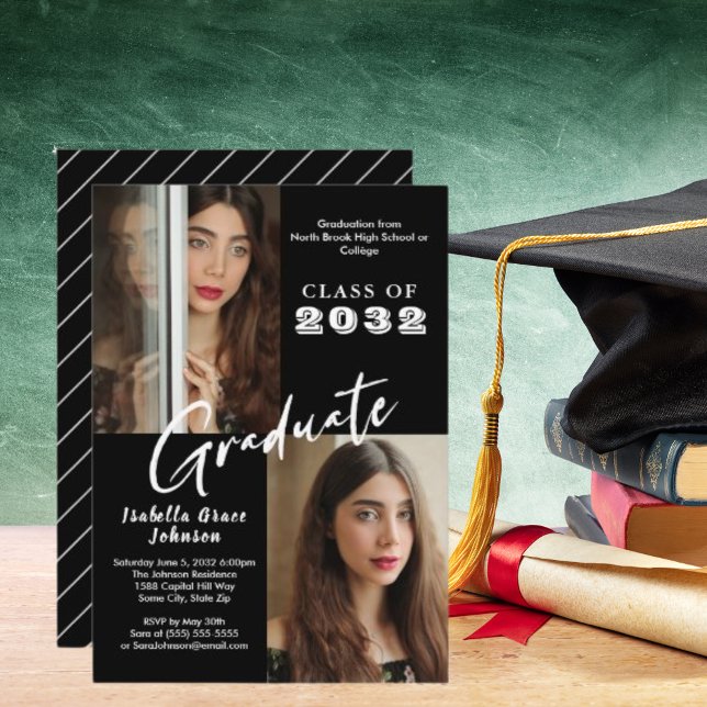 Custom 2 Photo White Script Graduate Class of 20XX Invitation (Custom 2 Photo White Script Graduate Class of 20XX Invitation)