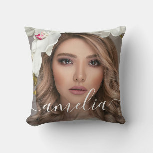 Custom 2 Photos And Name Text Script Typography Throw Pillow