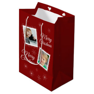 Custom 2 Photos Christmas Design on Red Medium Gift Bag