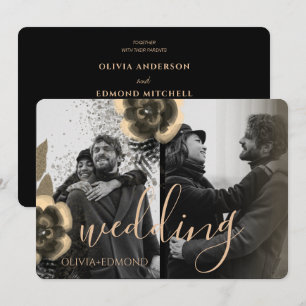 Custom 2 Photos Golden Flowers Frame Wedding Invitation