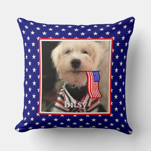 Custom 2 Photos USA American Flag Patriotic Cute Throw Pillow (Front)