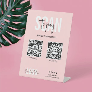 Custom 2 QR Codes Scan to Pay Pink & White Shop Pedestal Sign