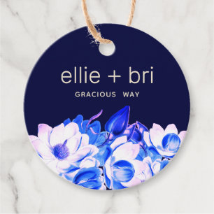 Custom 2" Round Blue  Navy Magnolia Floral  Favour Tags