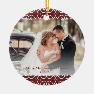 Custom 2 Sided Burgundy Elegant 2 Photo Wedding Ceramic Ornament