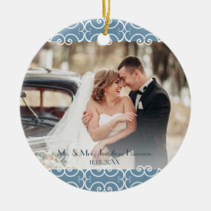 Custom 2 Sided Dusty Blue Elegant 2 Photo Wedding Ceramic Ornament