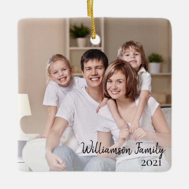 Custom 2-sided Family Photo Calligraphy Script Ceramic Ornament (Front)