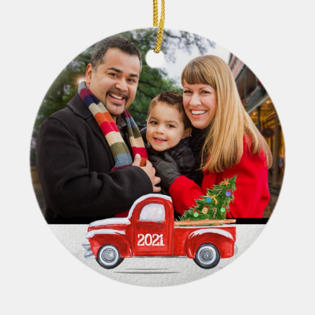 Custom 2-Sided Family Photo Red Truck Christmas Ce Ceramic Ornament (Front)