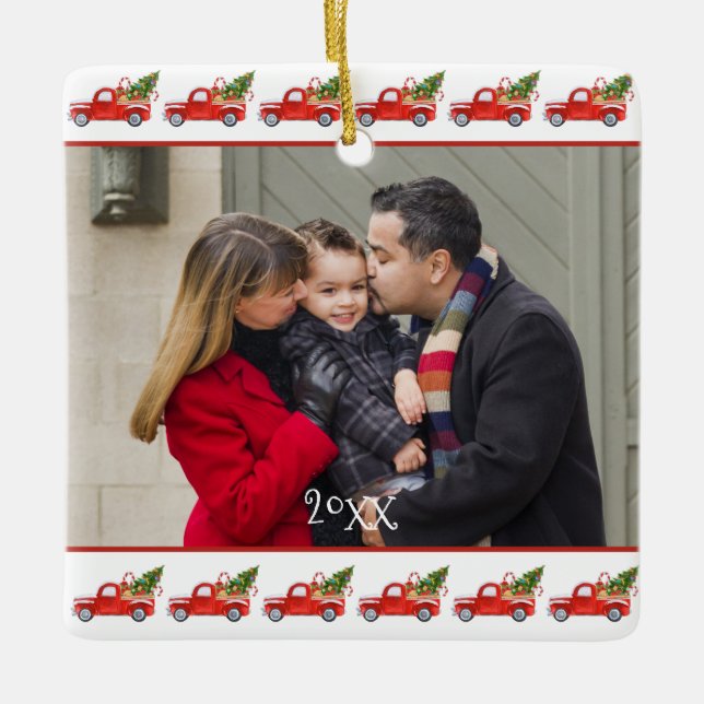 Custom 2-Sided Family Photo Red Truck Christmas Ceramic Ornament (Front)