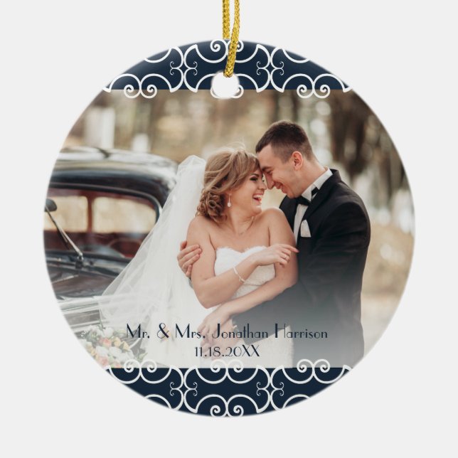 Custom 2 Sided Navy Blue Elegant 2 Photo Wedding Ceramic Ornament (Front)