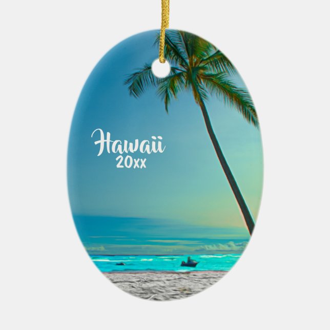 Custom 2 Sided Photo Hawaii Travel Palms Christmas Ceramic Ornament (Front)