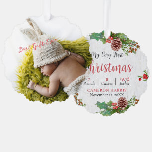 Custom 2-sided Rustic Baby's 1st Christmas Photo Ornament Card