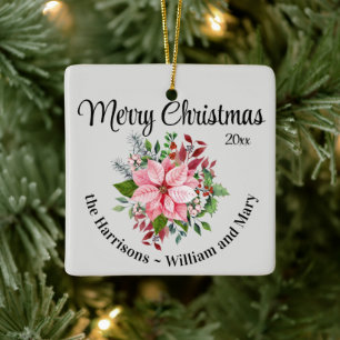 Custom, 2-Sides Christmas Pink Poinsettia Bouquet Ceramic Ornament