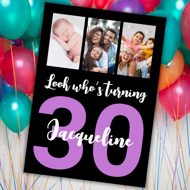 Custom 30th Birthday Black modern Photo Collage Invitation (Creator Uploaded)