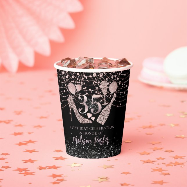 Custom 35th Birthday Rose Gold & Black Glitter Paper Cups (Insitu)