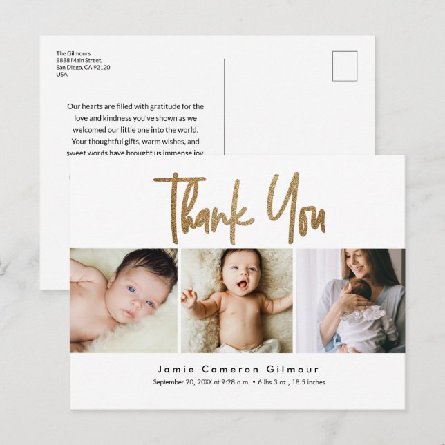  Custom 3 Baby Photos Gold Script birth Thank you Postcard (Front/Back)