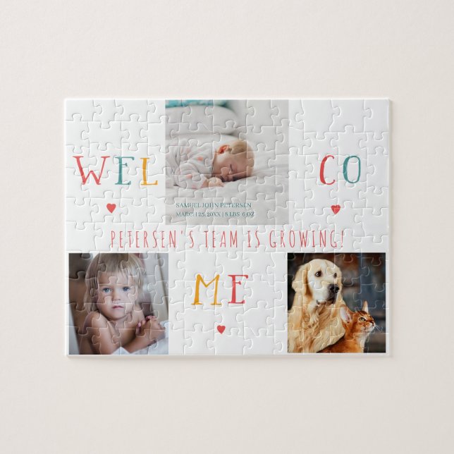 Custom 3 family photo collage WELCOME newborn baby Jigsaw Puzzle (Horizontal)