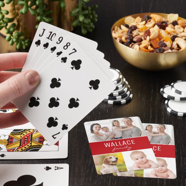 Custom 3 Family Photos Simple collage Red Playing Cards (In Situ)